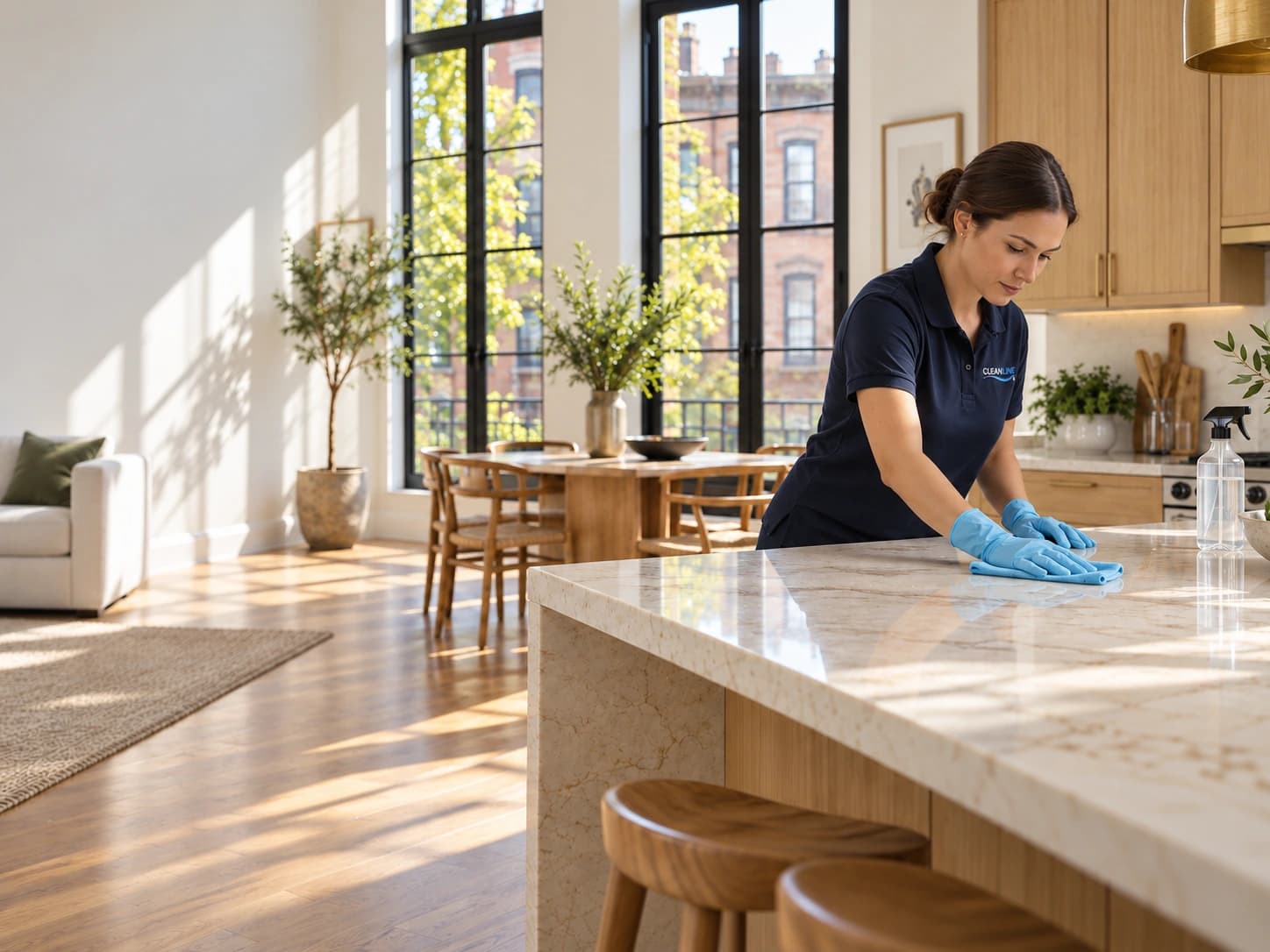 Illustrative scene of a cleaner caring for a sunlit kitchen